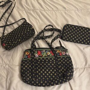 Quilted Floral Trim Black Tote Bag